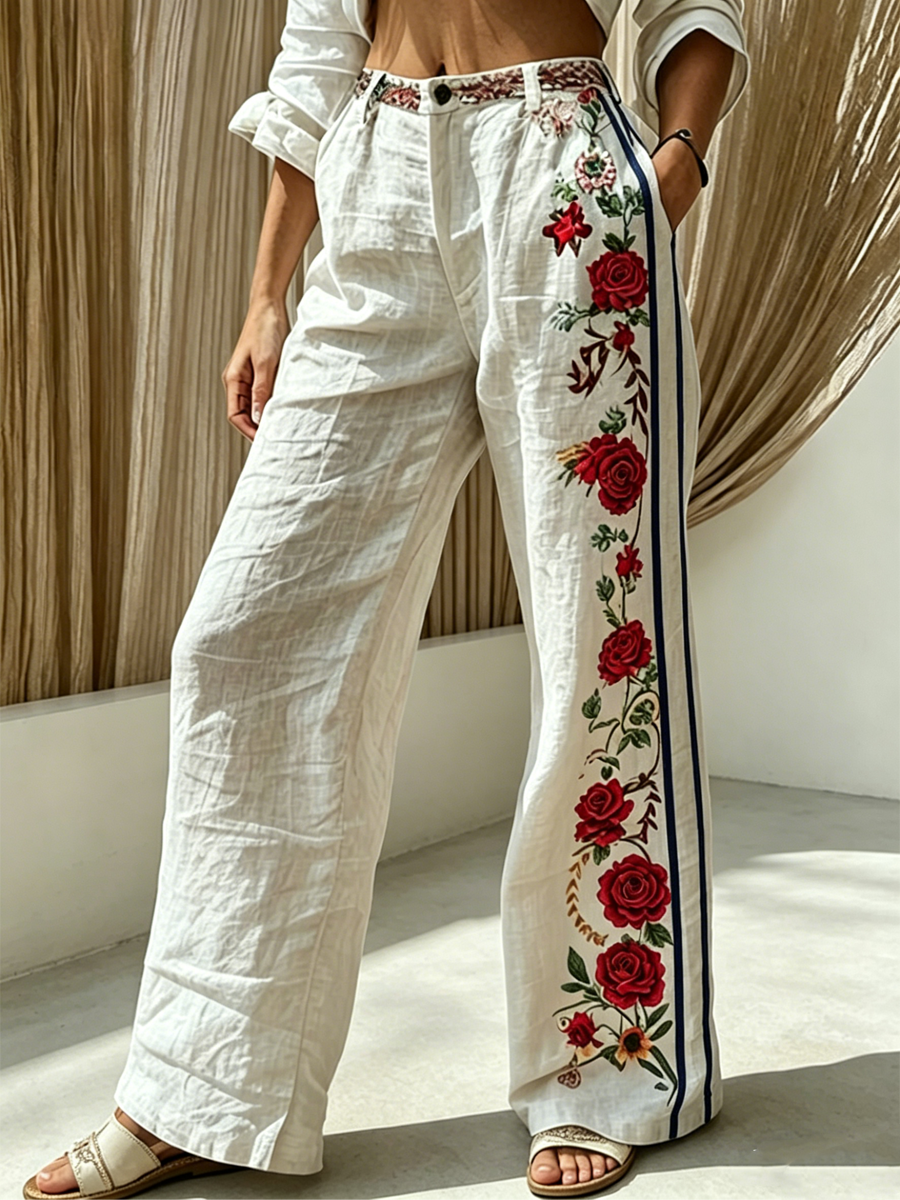 Pantalon évasé très extensible et confortable pour femme, à imprimé floral