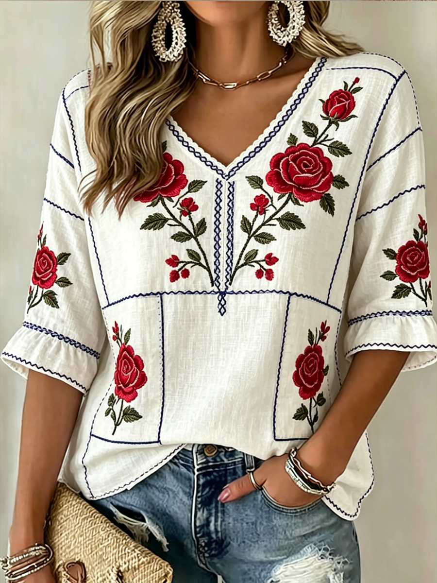 Chemise à col en V à imprimé floral pour femmes