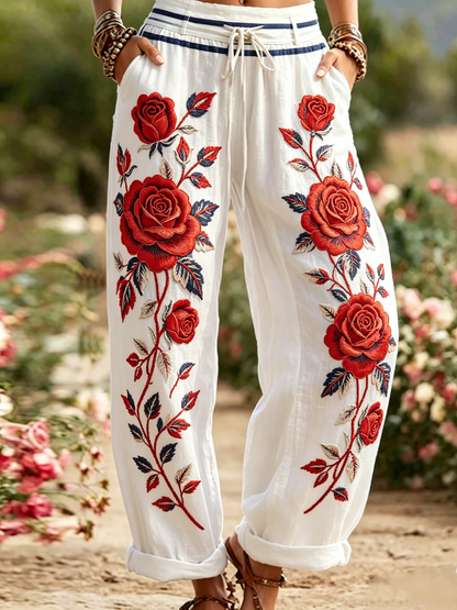 Pantalon évasé confortable à imprimé floral pour femmes