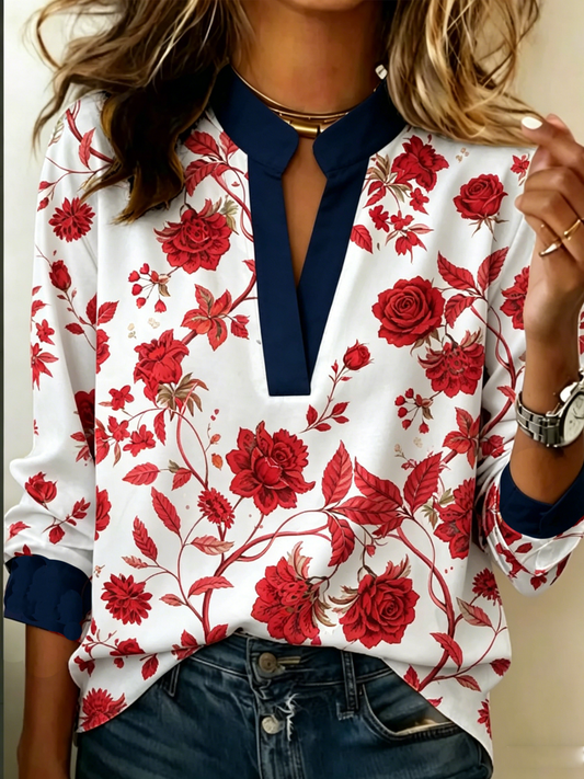 Chemise à manches longues en lin à imprimé floral pour femmes