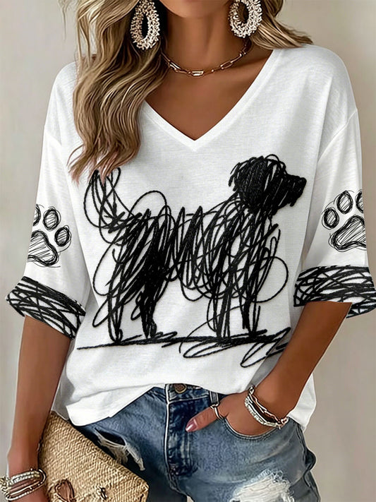 T-shirts à col en V avec impression d'art canin pour femmes