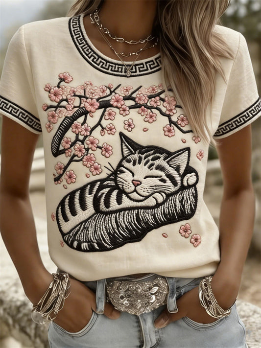 T-shirts décontractés à manches courtes pour femmes, motif chat