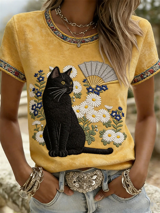 T-shirts décontractés à manches courtes pour femmes, motif chat