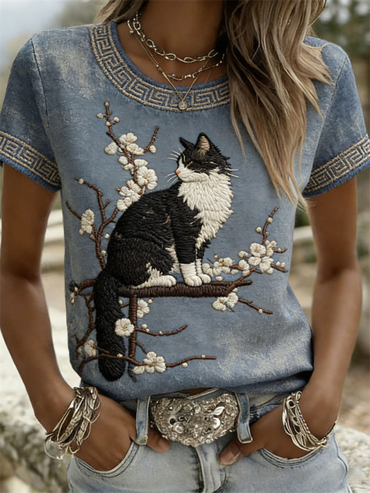 T-shirts décontractés à manches courtes pour femmes, motif chat