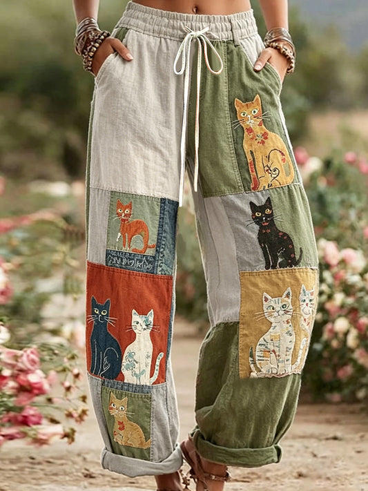 Pantalon décontracté rétro à imprimé chat pour femmes