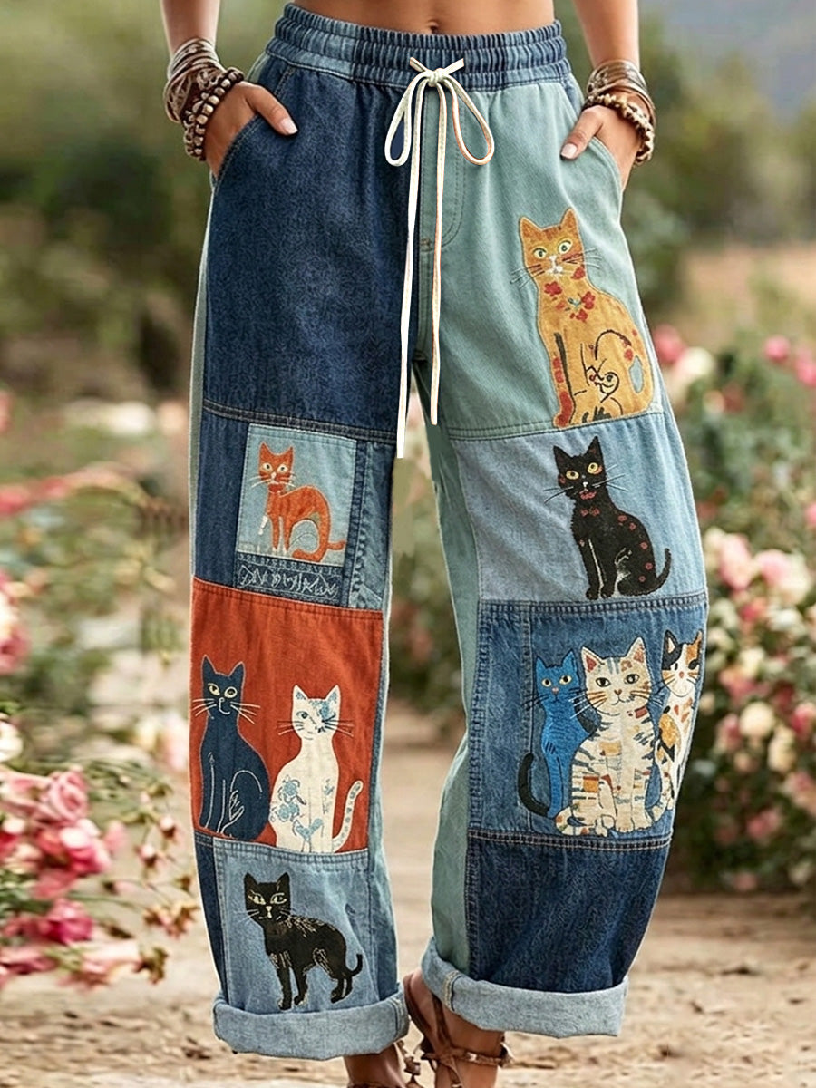 Pantalon décontracté rétro imprimé chats pour femmes