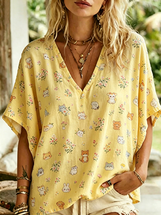 Haut à col en V de style pastoral pour femme, avec imprimé animalier et floral