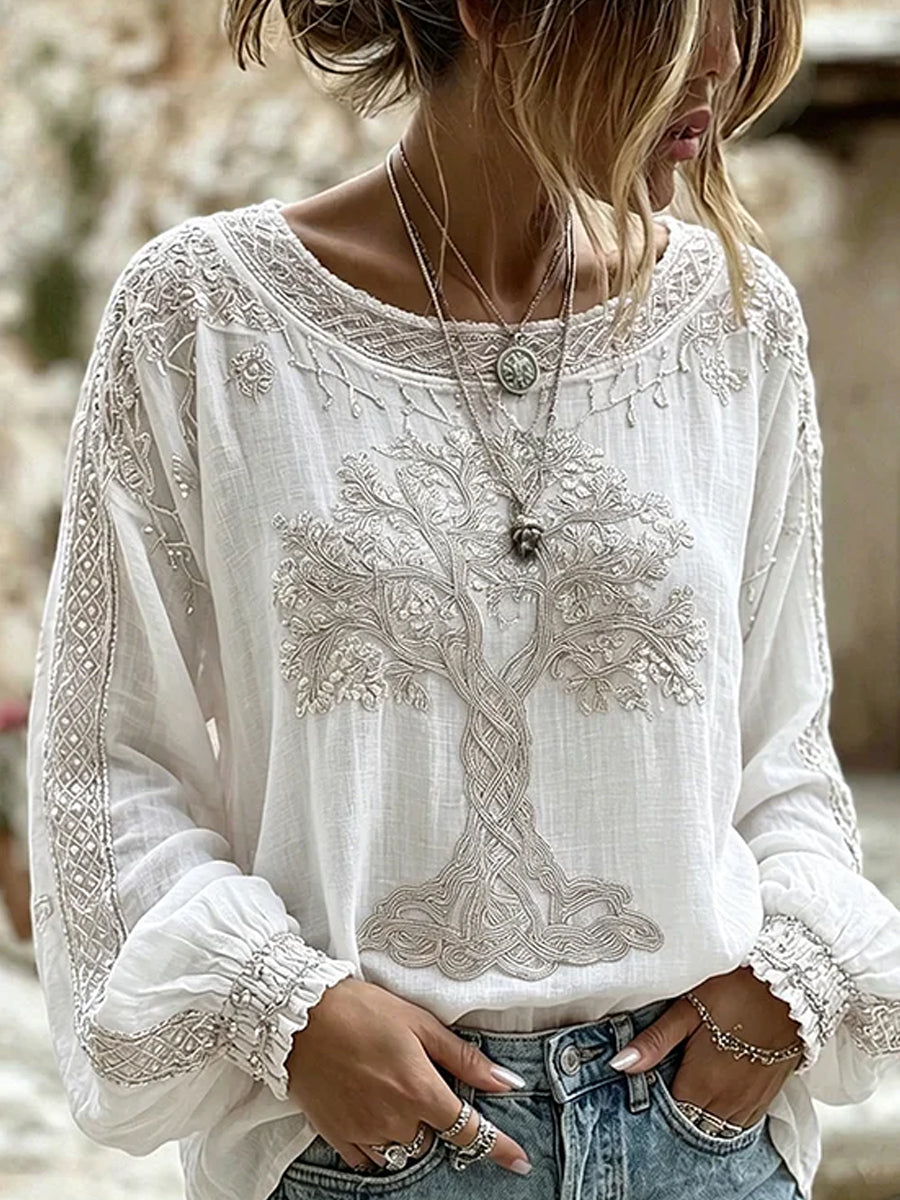 Haut décontracté en coton-lin pour femme, imprimé floral vintage