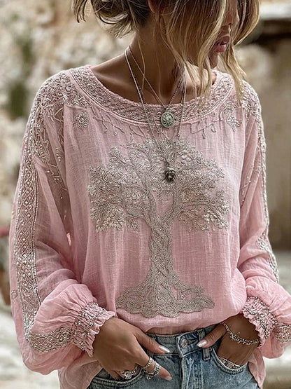 Haut décontracté en coton-lin pour femme, imprimé floral vintage