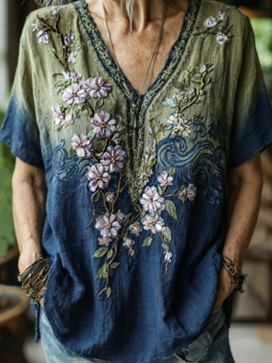 T-shirt à manches courtes en lin à motif brodé de vagues et de fleurs de cerisier japonais Sakura pour femmes