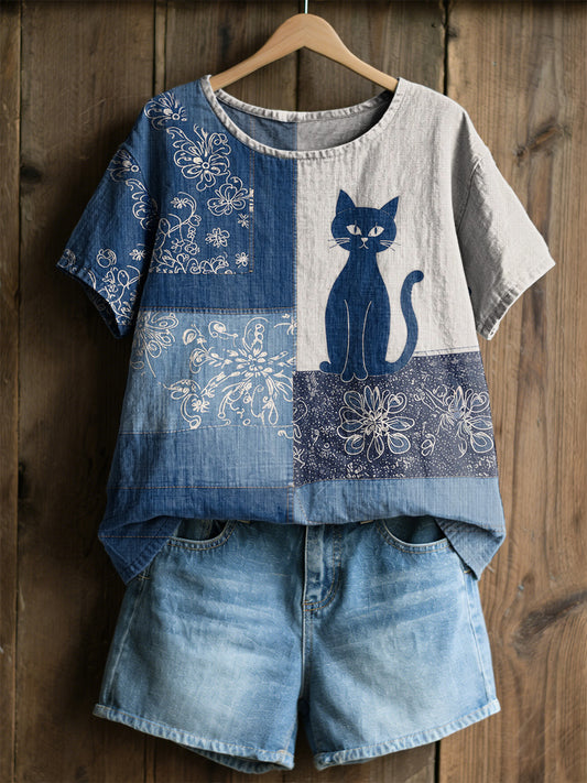 T-shirt décontracté rétro à imprimé fleurs et chats pour femmes