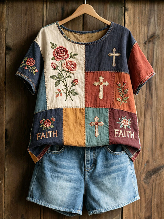 T-shirt décontracté pour femmes à imprimé floral et croix