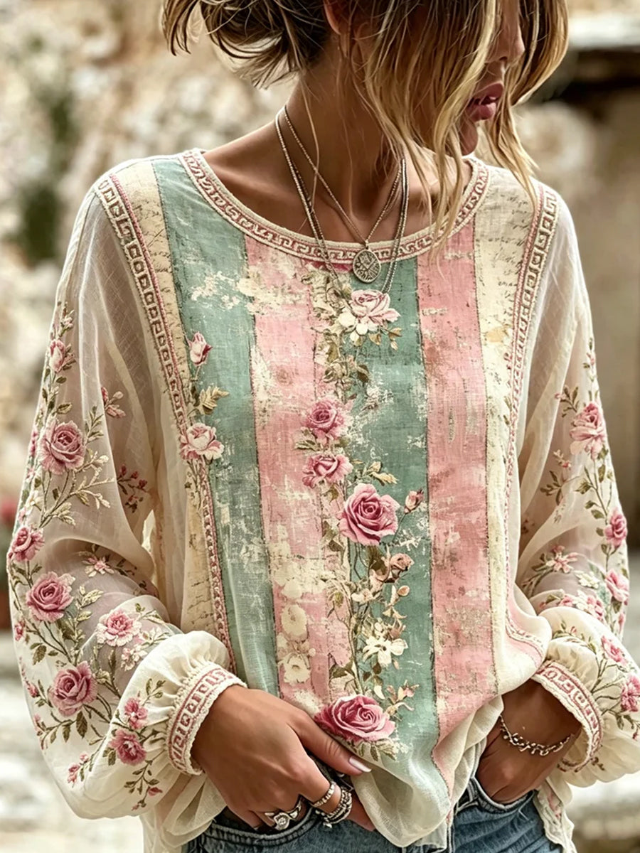 Imprimé d'art floral rétro, haut décontracté en coton-lin