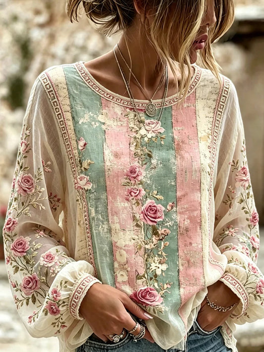 Imprimé d'art floral rétro, haut décontracté en coton-lin