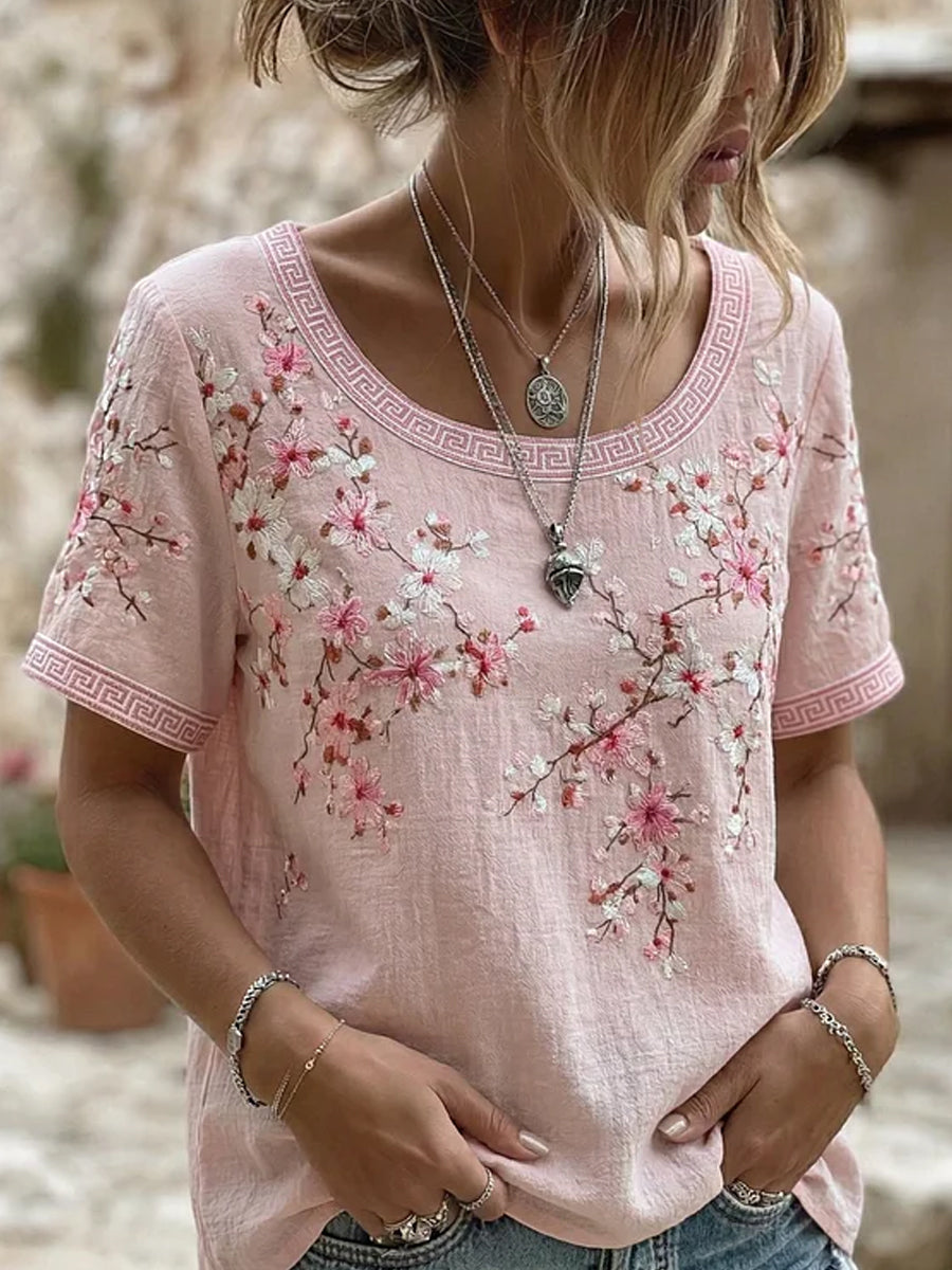 T-shirt décontracté en coton-lin avec impression d'art floral rétro