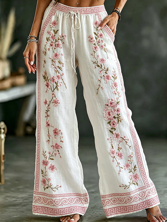 Pantalon décontracté en coton-lin à imprimé floral vintage pour femme