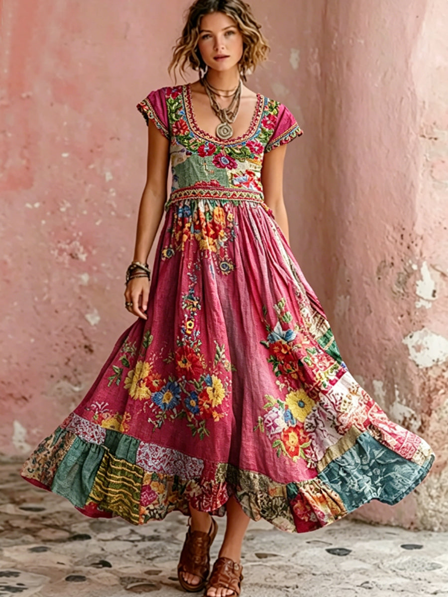 Bohème Floral Broderie Art Col Rond Manches Courtes Robe Femme