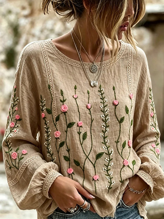 Haut décontracté en coton-lin pour femme, imprimé floral vintage