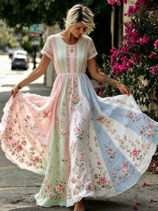 Robe mi-longue bohème pour femme, à col rond, manches courtes, avec broderie florale artistique