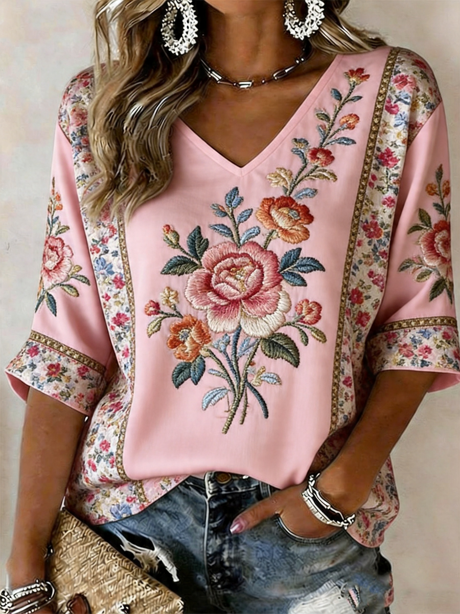 T-shirt rose en lin à manches courtes pour femmes, imprimé floral