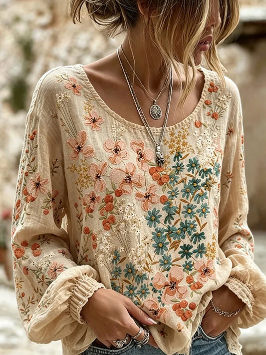 Haut décontracté en coton-lin pour femme, imprimé floral vintage