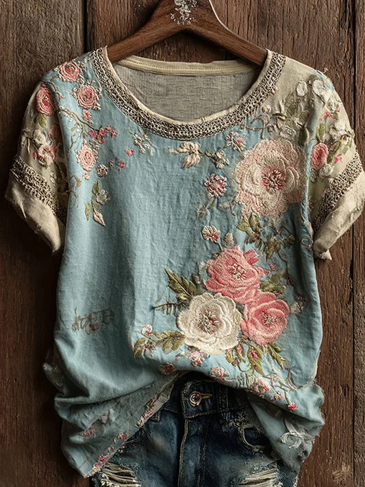 Haut décontracté vintage pour femmes avec imprimé floral artistique
