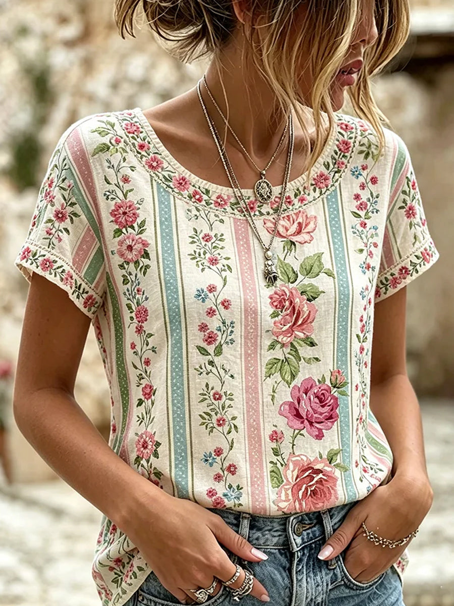 Haut décontracté vintage pour femmes avec imprimé floral artistique