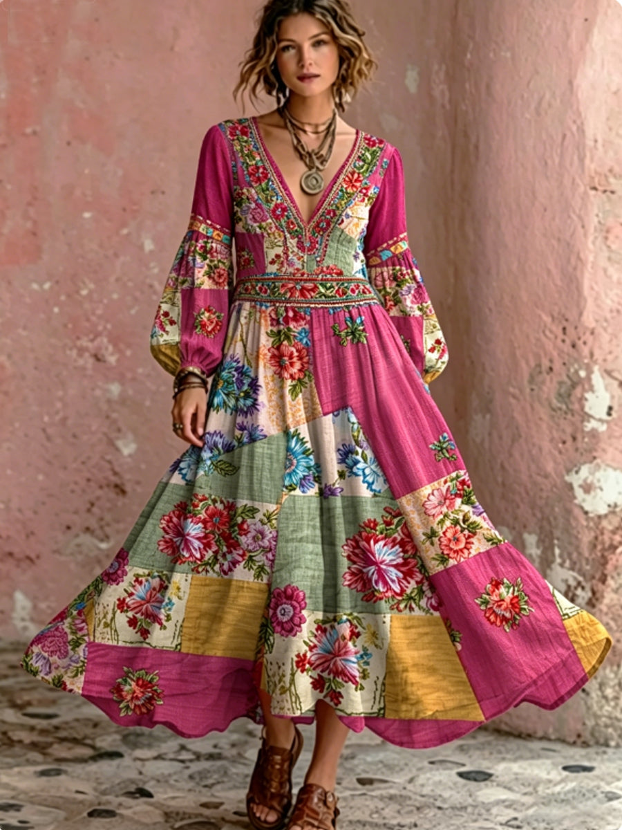 Robe maxi bohème pour femme, broderie florale artistique, col en V, élégante et chic, ample, à manches longues