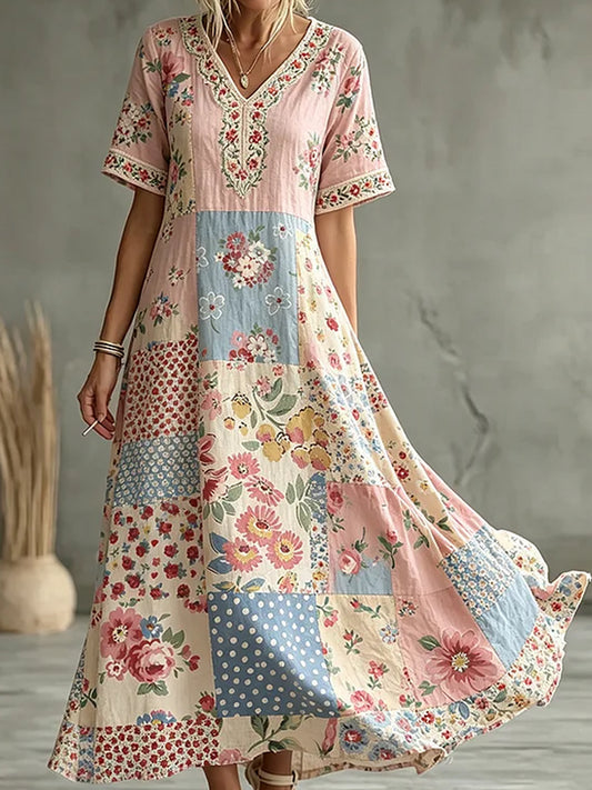 Robe mi-longue bohème pour femme, à col rond, manches courtes, avec broderie florale artistique