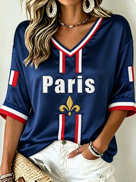 T-shirt à manches mi-longues et col en V pour femmes