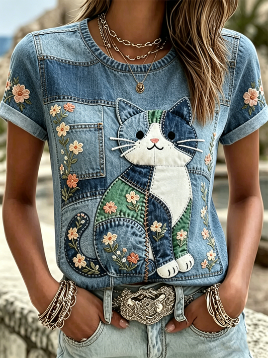T-shirt à manches courtes pour femmes avec imprimé chat
