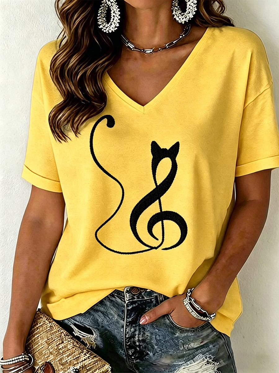 T-shirt à col en V avec imprimé chat pour femmes