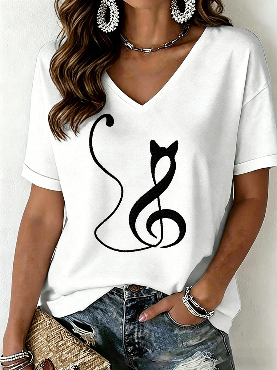 T-shirt à col en V avec imprimé chat pour femmes