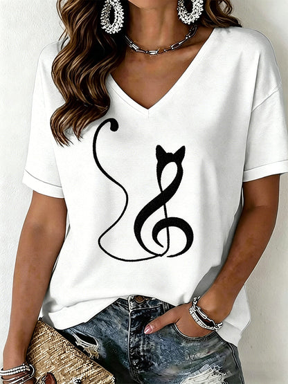 T-shirt à col en V avec imprimé chat pour femmes