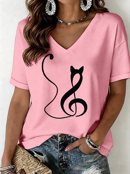 T-shirt à col en V avec imprimé chat pour femmes