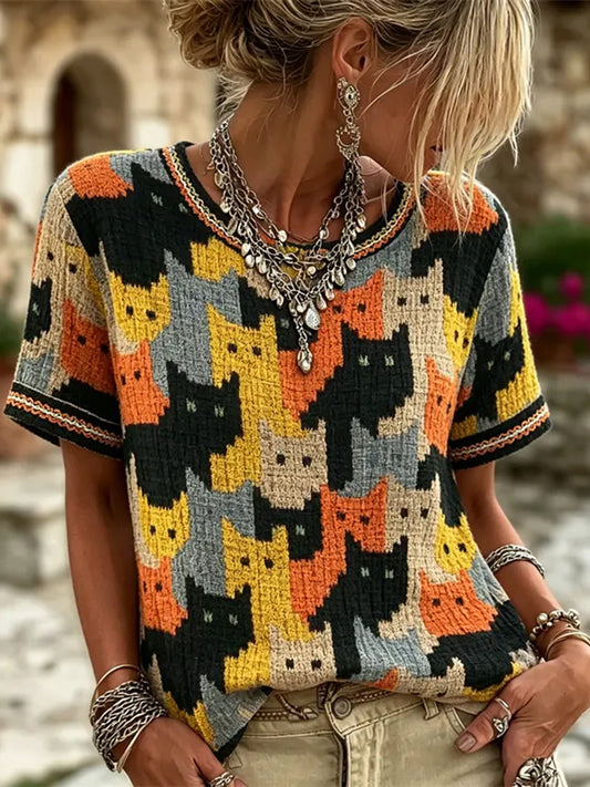 Femmes Vintage Chats Colorblock Art Lin Col Rond Manches Courtes Top