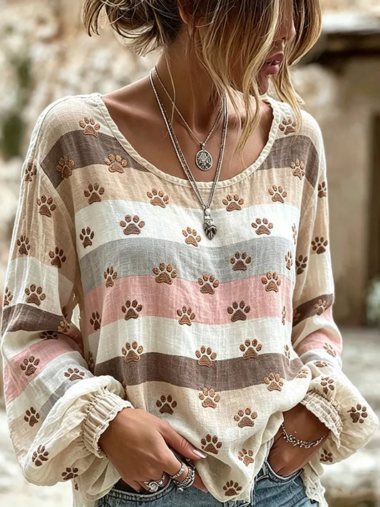 Motif mignon de griffe de chat des femmes Color-blocked Design lin O-cou chemise à manches longues