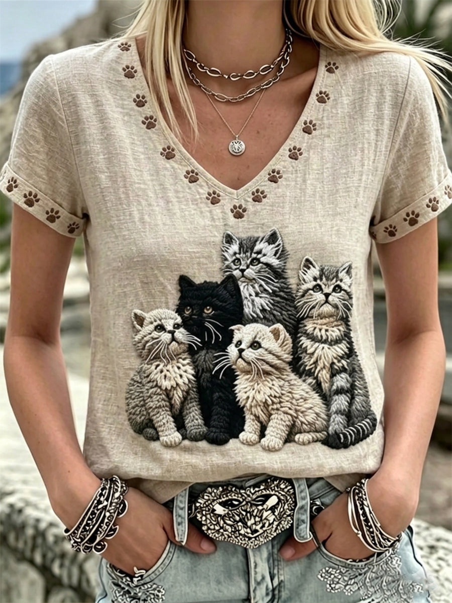 Femmes Charmant Chats Art & Patte Imprimés Col V Lin Manches Courtes Top