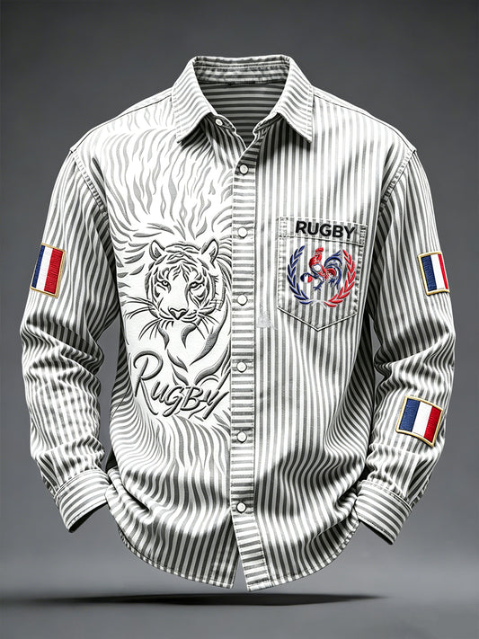 Chemise décontractée pour homme, motif coq français et rayures tigre