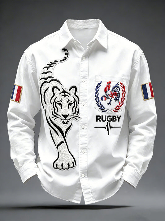 Chemise décontractée pour homme, blanche, avec imprimé coq français et tigre