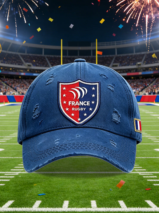 Chapeau décontracté bleu à cerceaux avec imprimé rugby français