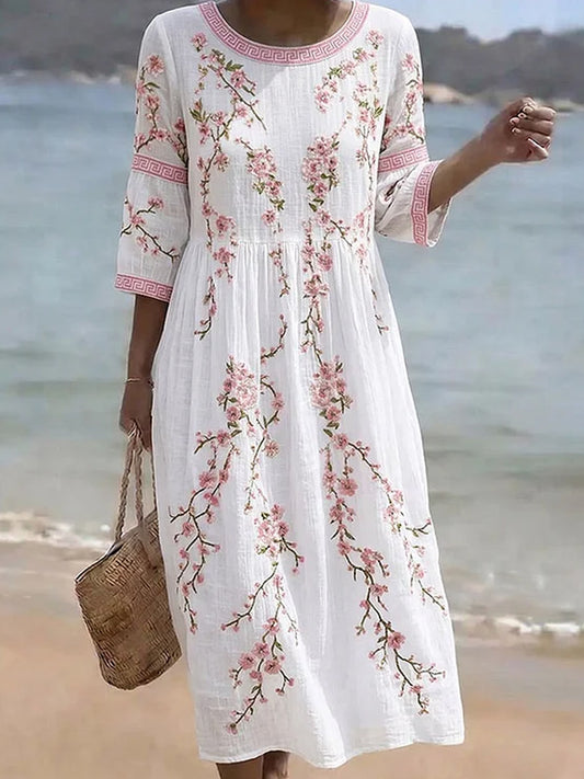 Vintage Floral Bohème-Style élégant coton-lin Midi robe des femmes