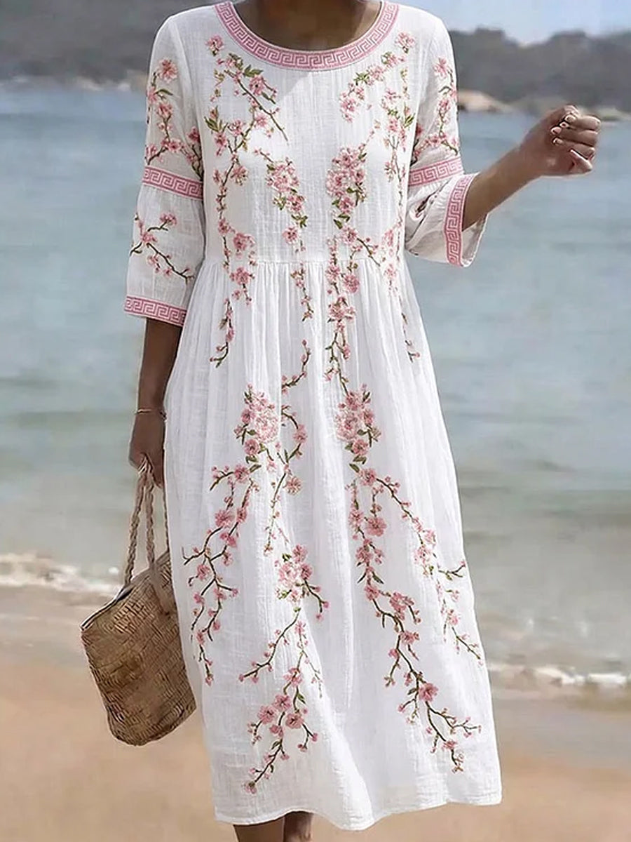 Vintage Floral Bohème-Style élégant coton-lin Midi robe des femmes