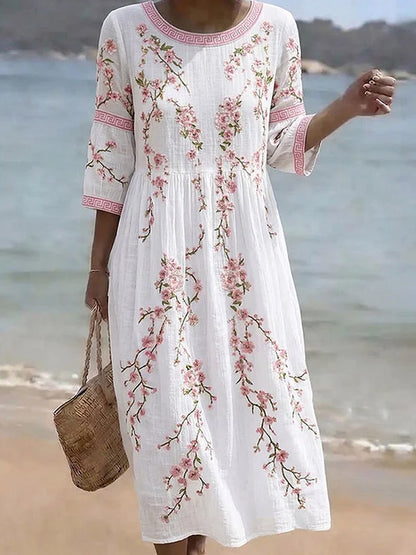 Vintage Floral Bohème-Style élégant coton-lin Midi robe des femmes