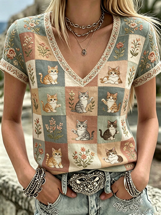 Femmes Plantes Et Fleurs Mignon Chat Imprimer V-cou T-shirt Décontracté