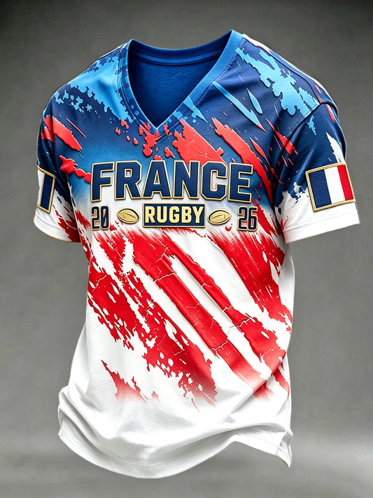 T-shirt décontracté à col en V pour homme, imprimé 3D, motif rugby français