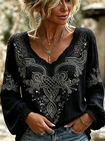 Chemise femme élégante en coton-lin, imprimé dentelle florale et nœud celtique viking