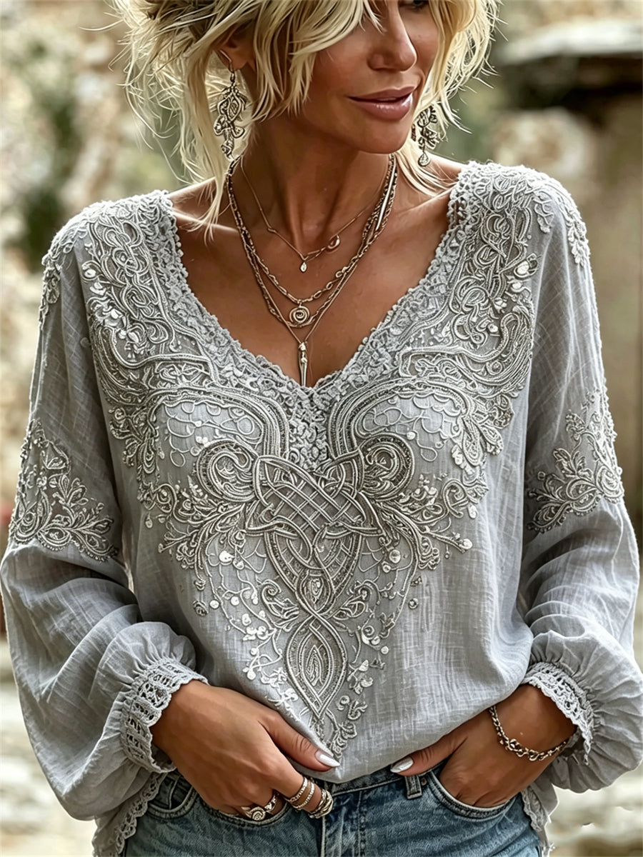 Chemise femme élégante en coton-lin, imprimé dentelle florale et nœud celtique viking
