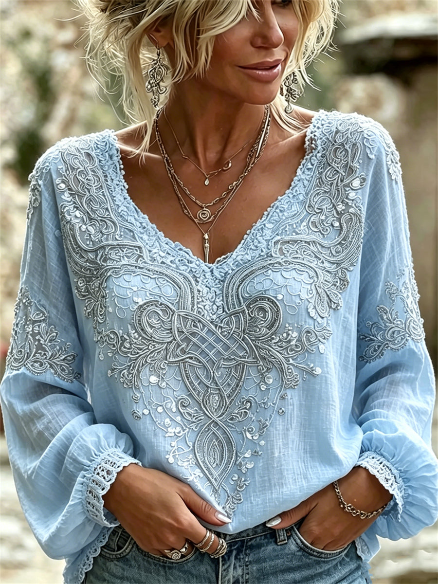 Chemise femme élégante en coton-lin, imprimé dentelle florale et nœud celtique viking