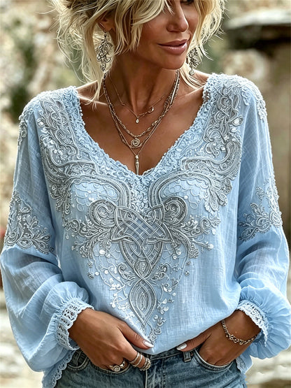 Chemise femme élégante en coton-lin, imprimé dentelle florale et nœud celtique viking